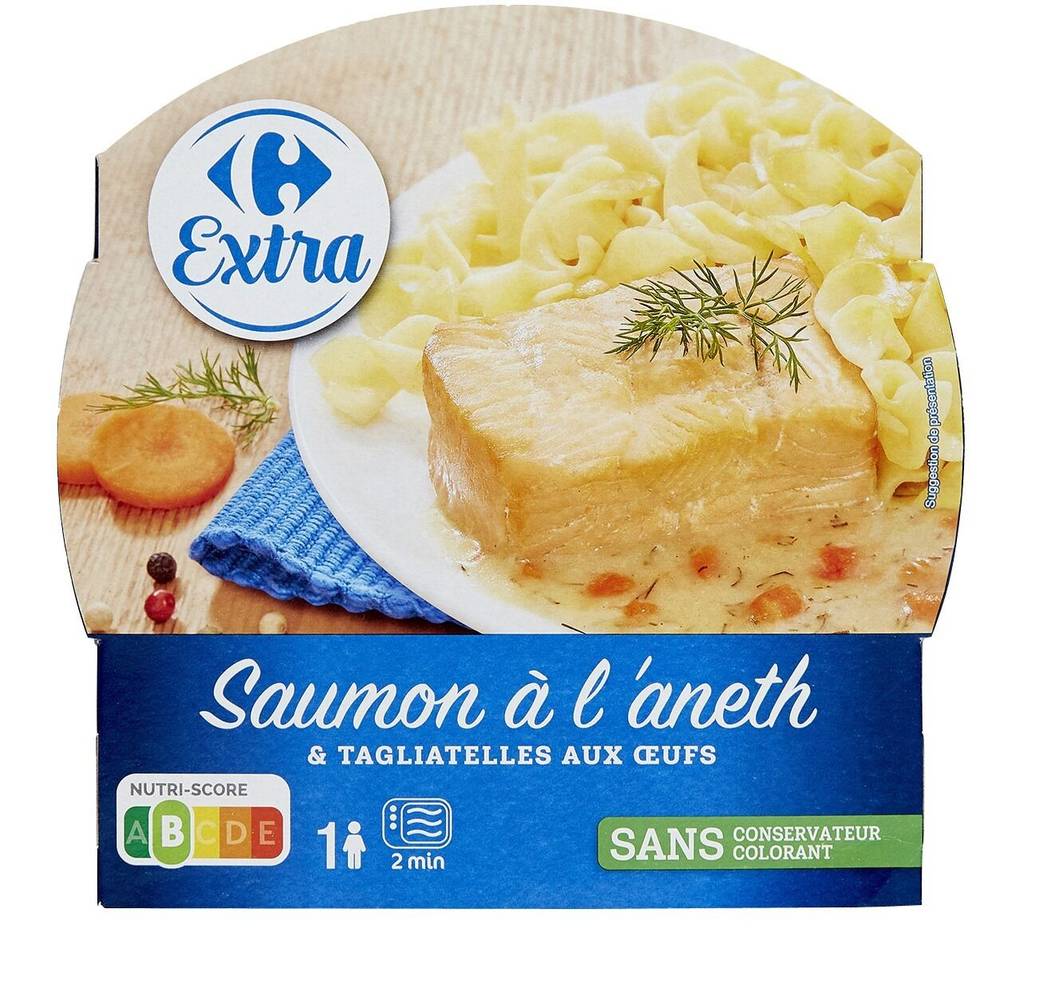 Carrefour Extra - Plat cuisiné saumon atlantique et pâtes tagliatelles, aneth œuf (300g)