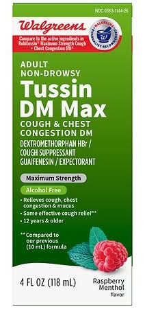 Walgreens Wal Tussin Adult Dm Max Cough & Chest Congestion Raspberry Liquid Menthol (4 fl oz)