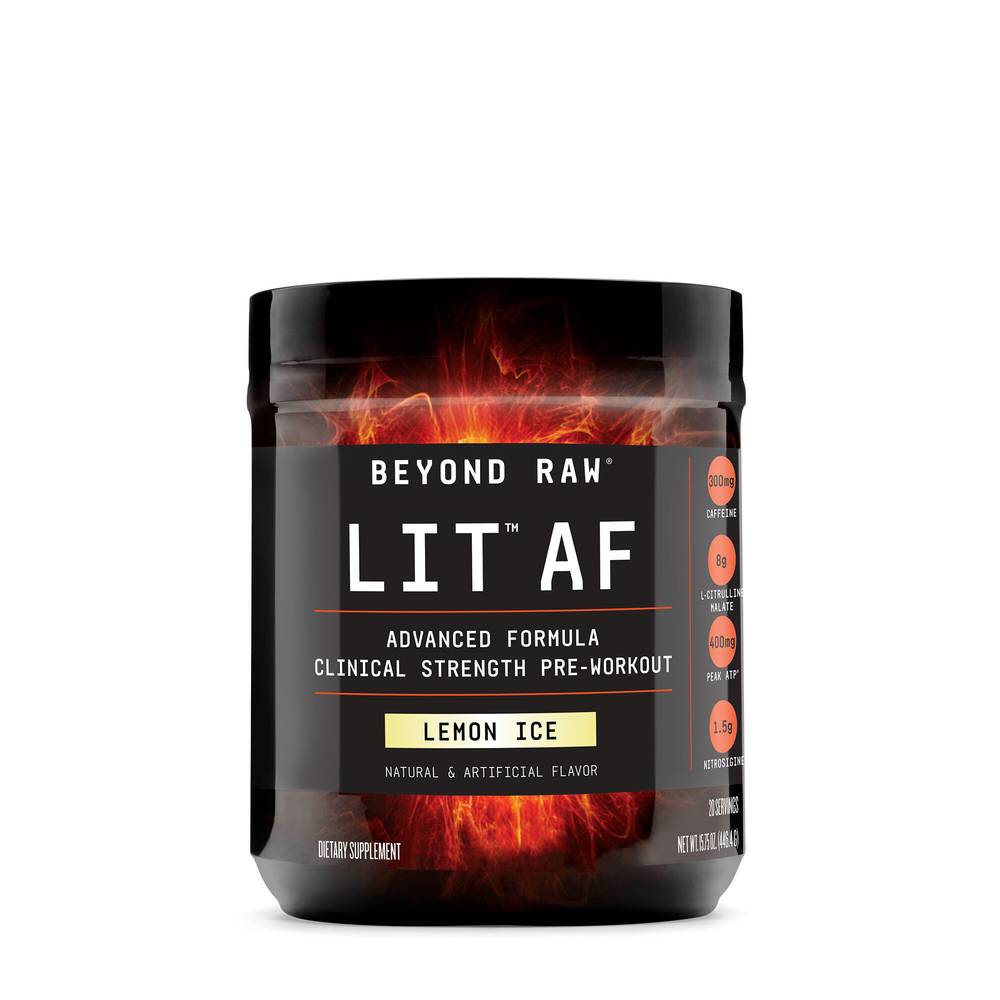 Beyond Raw Lit Af Pre-Workout Supplement Powder, Lemon Ice (16.21 oz)