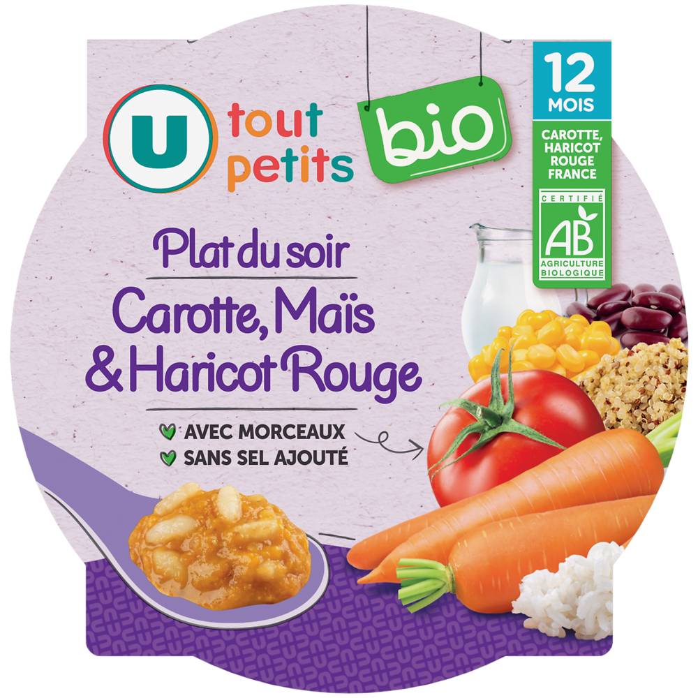 U tout petits Bio - Plat du soir pour bébé assiette, carotte, maïs, haricot rouge, 12 mois (230g)