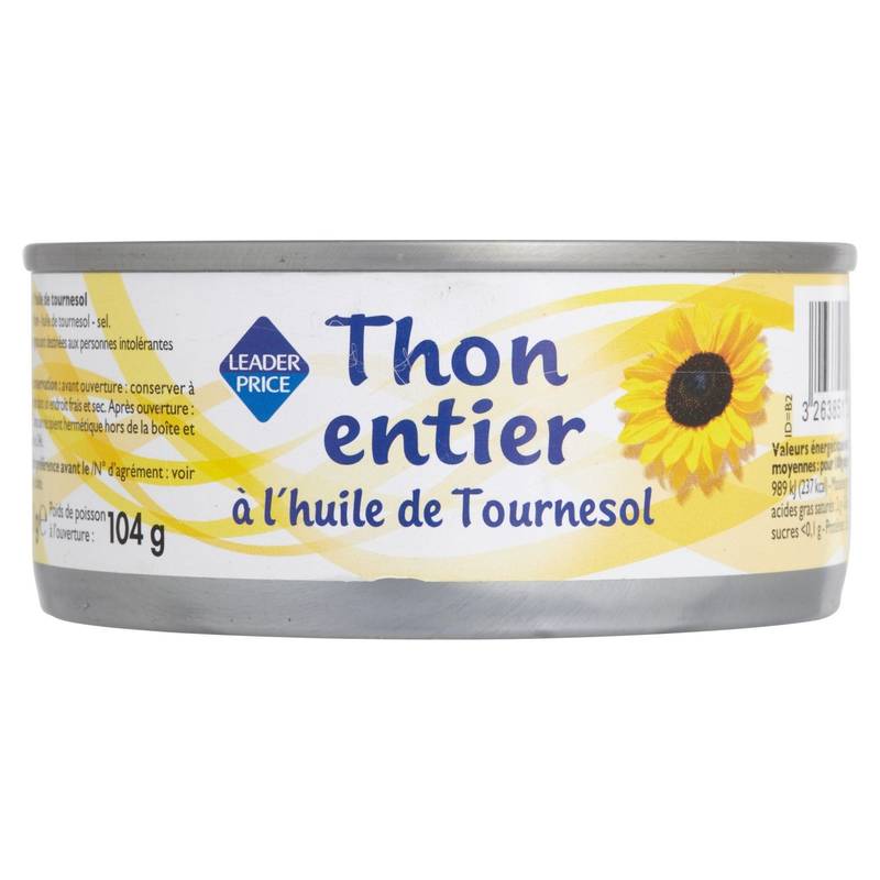 Leader Price - Thon entier à l'huile de tournesol (160g)