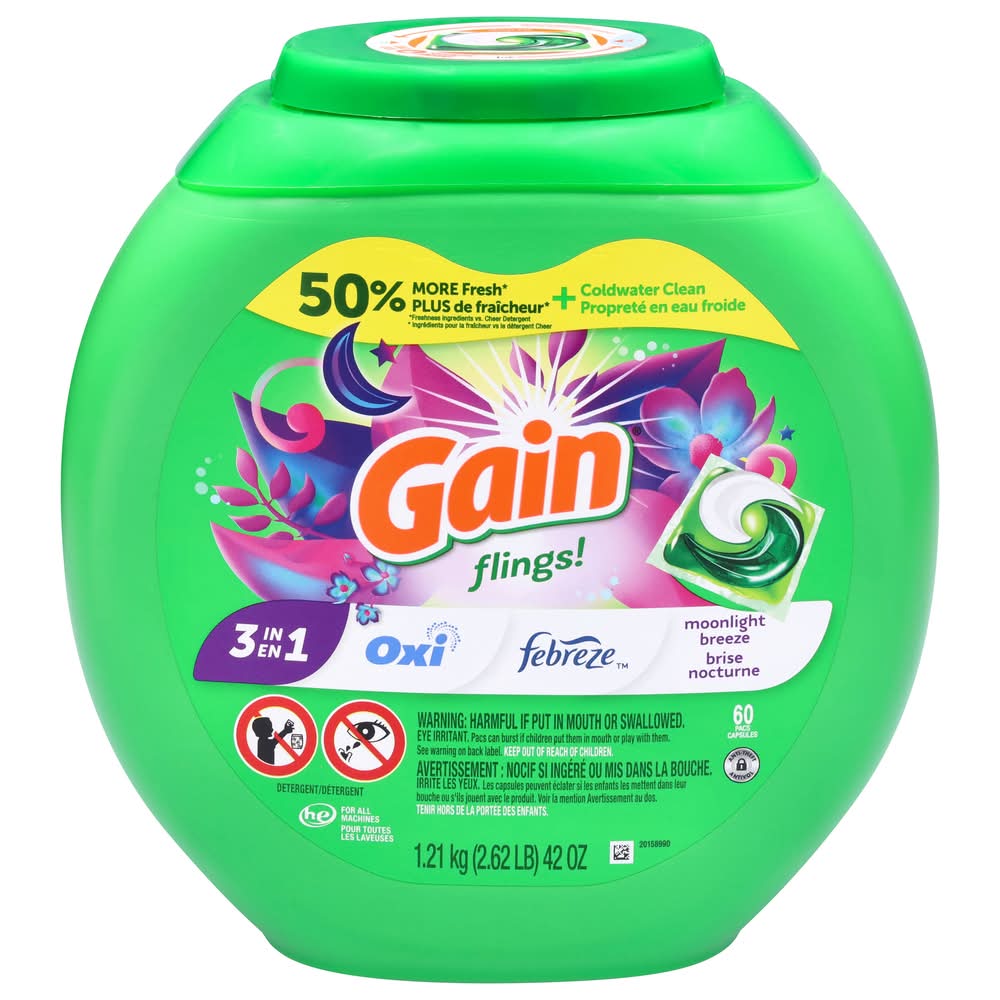 Gain Flings! 3 in 1 Laundry Detergent Bonus pack, Moonlight Breeze (50 oz, 70 ct)