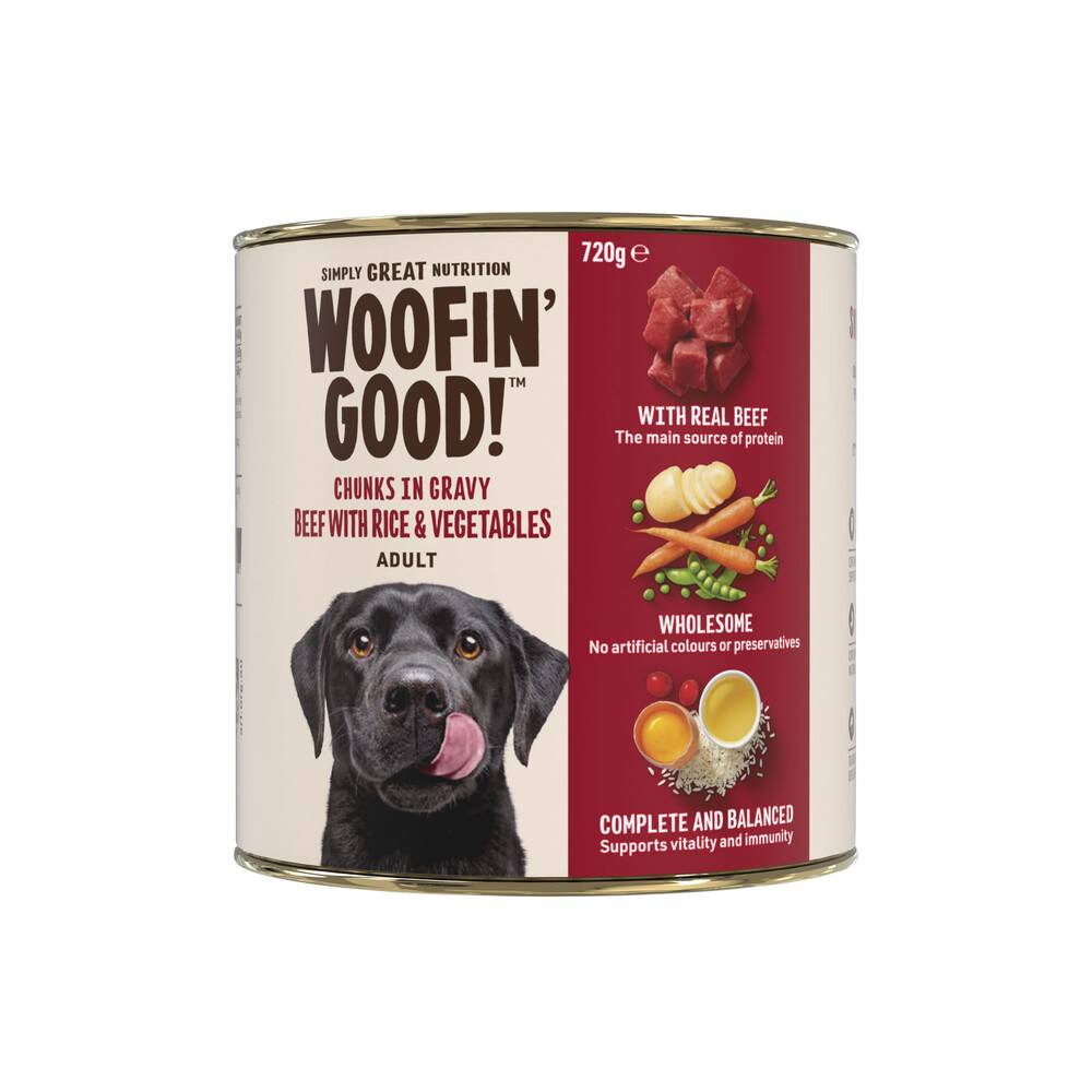 Woofin Good Chunks in Gravy Beef Rice & Veg Dog Food 720g