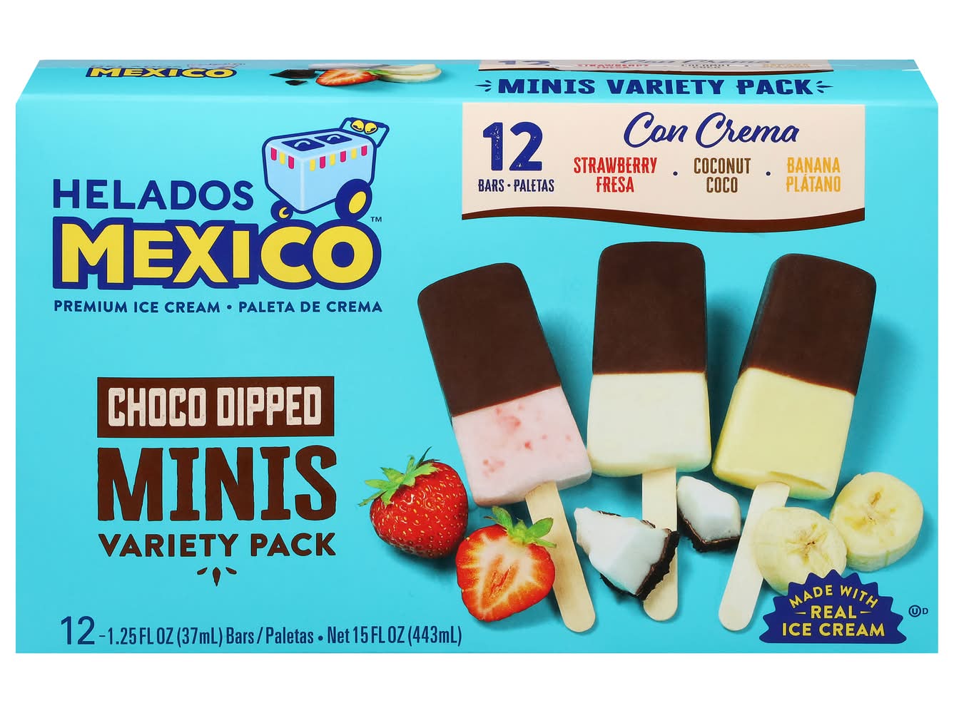 Helados Mexico Choco Dip Minis Ice Cream Bars Variety pack, Strawberry-Coconut-Banana (15 fl oz, 12 ct)
