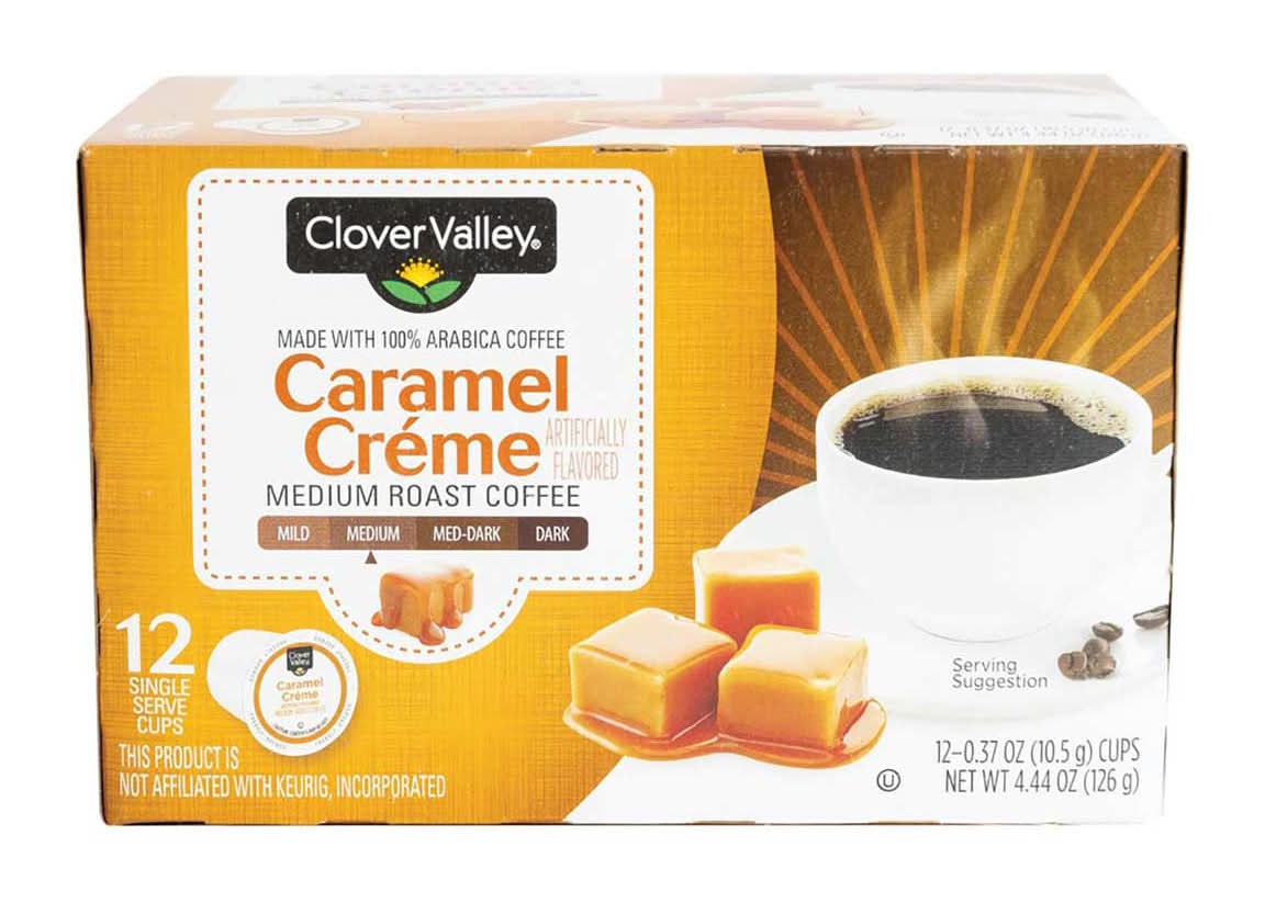 Clover Valley Coffee Medium Roast Single Serve Cups, Caramel Creme (4.44 oz, 12 ct)
