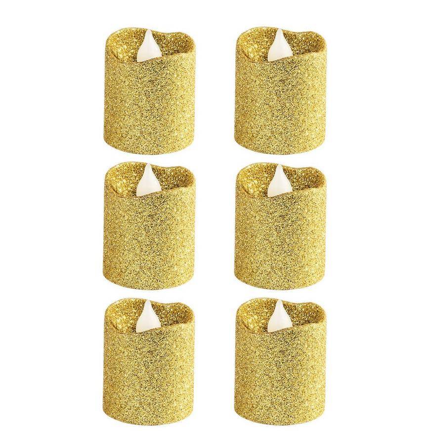 Party City Glitter Votive Flameless Led Candles, 1.5in x 1.25in, Gold (6 ct)