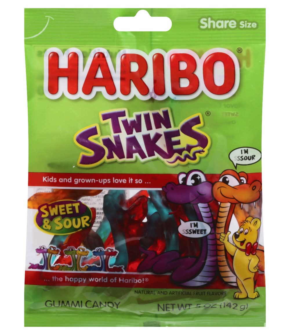 Haribo Twin Snakes Share Size Sweet & Sour Gummy Candy, Fruit (5 oz)
