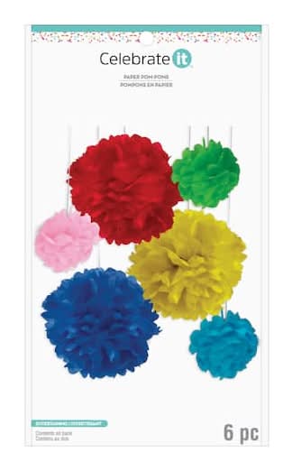 Celebrate It Rainbow Paper Pom-Pom Decorations Kit, Multicolor (6 ct)