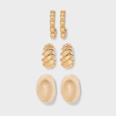 Textured Hoops Earring Set 3pc - A New Day™ Gold: Nickel-Free Metal, Post Closure