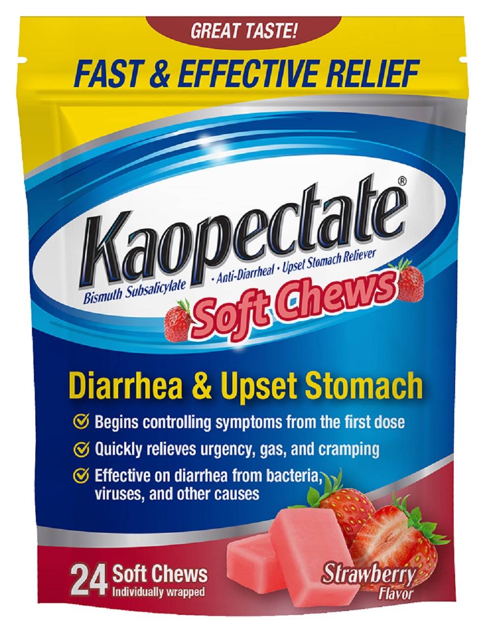 Kaopectate Anti-Diarrheal & Upset Stomach Reliever Soft Chews Strawberry Flavor (24 Ct)