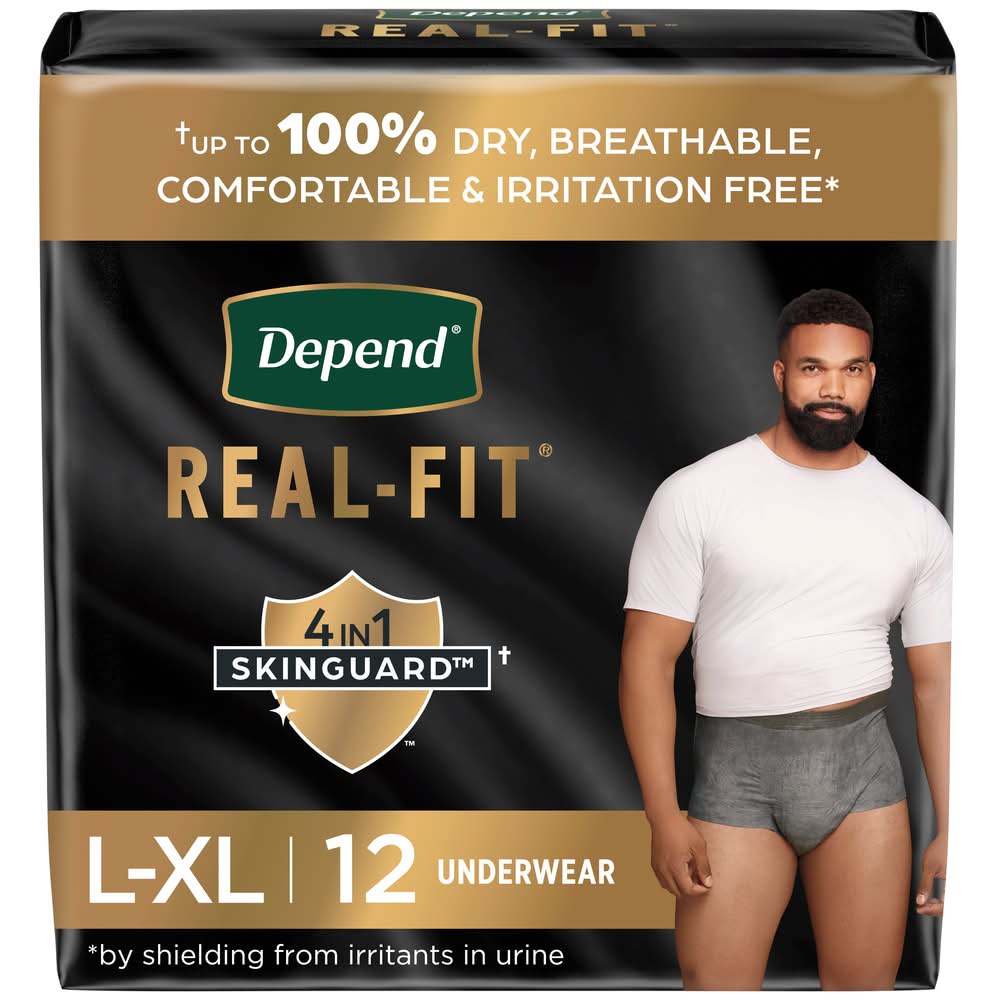 Depend Real Fit Incontinence Underwear For Men, L-XL, Grey (12 lbs, 12 ct)