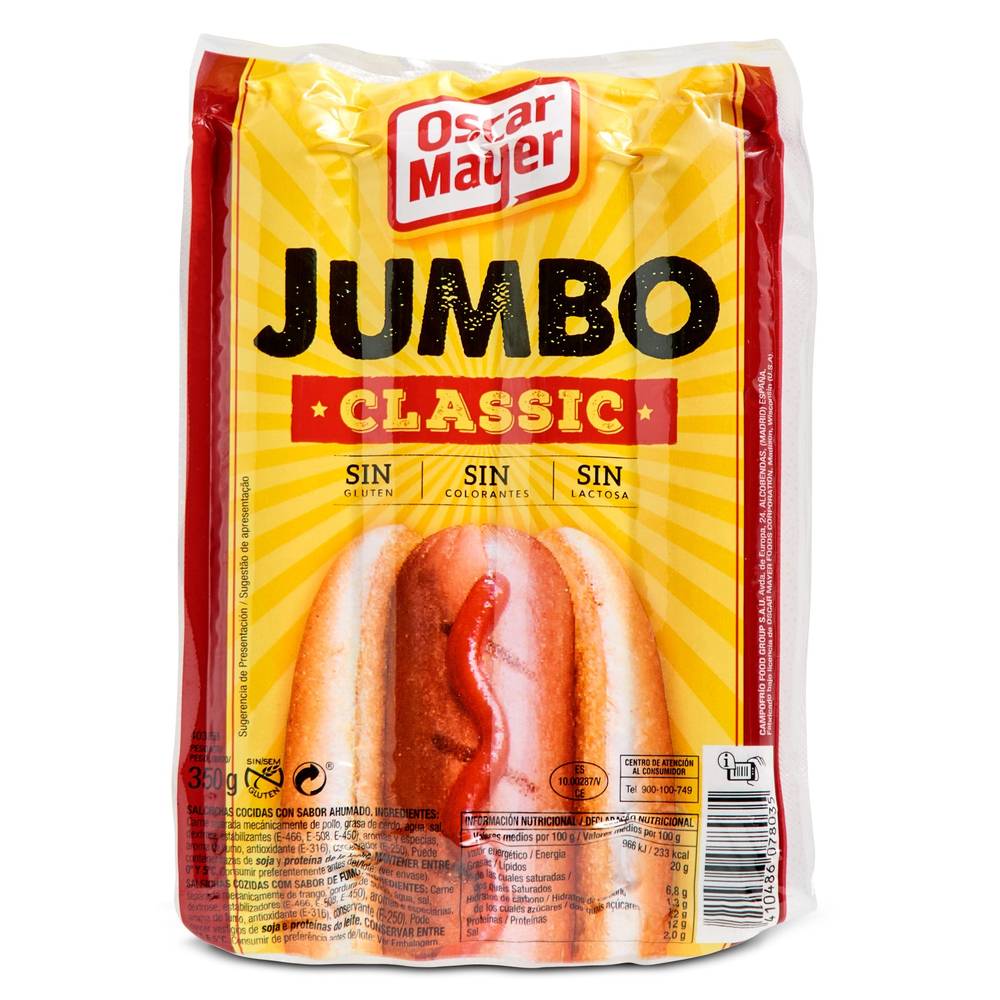 Salchichas Cocidas Jumbo Classic Oscar Mayer Bolsa 350 G