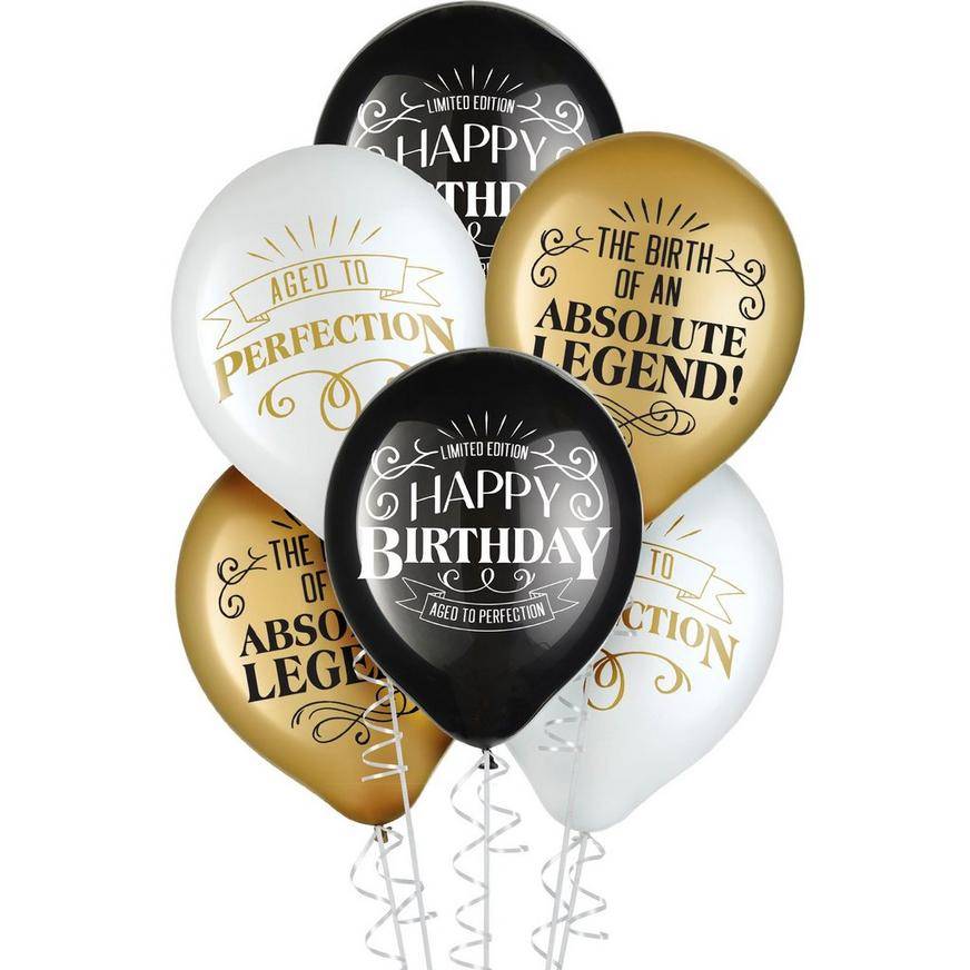 Party City Latex Birthday Balloons (12 in/black-gold-white)
