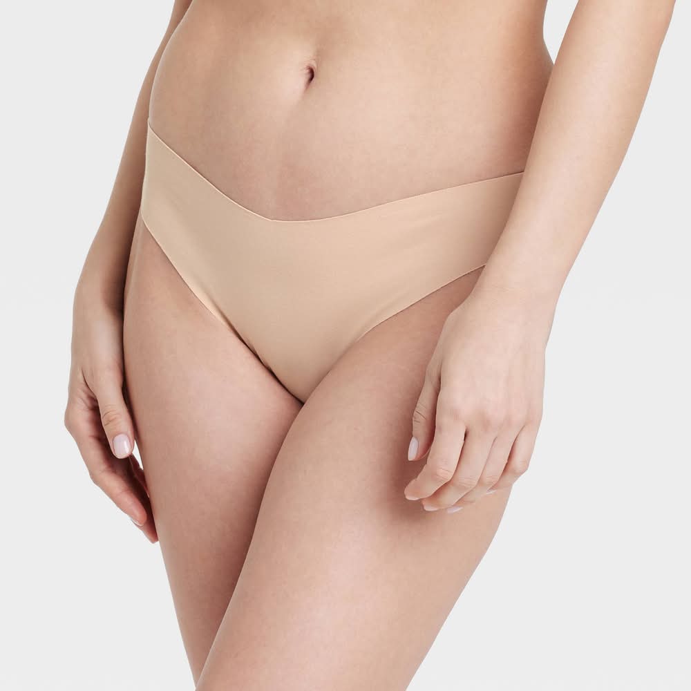Auden Invisible Edge Cotton Thong Underwear, Women, XS, Soft Beige