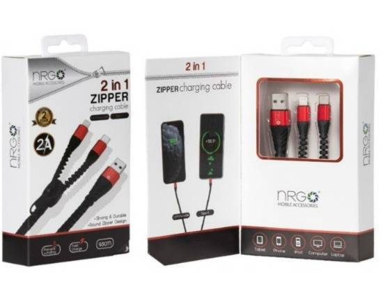 NRG 2 in 1 Zipper USB Charging Cable (Lightning & Type-C)