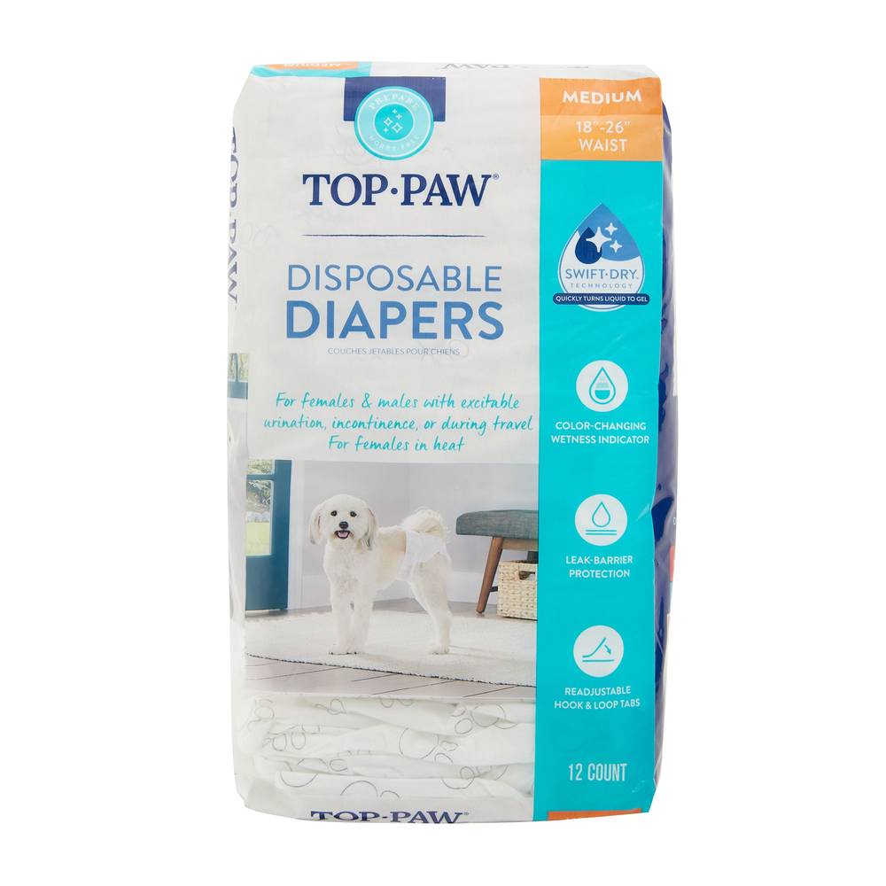 Top Paw Disposable Dog Diapers, Medium, White (12 ct)