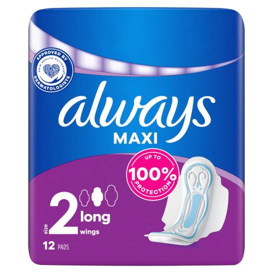 Always Maxi Long (size 2) Sanitary Towels Wings 12 Pads