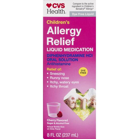 CVS Health Children's Allergy Relief Liquid Dye Free Diphenhydramine HCl Oral Antihistamine, Cherry, 8 OZ