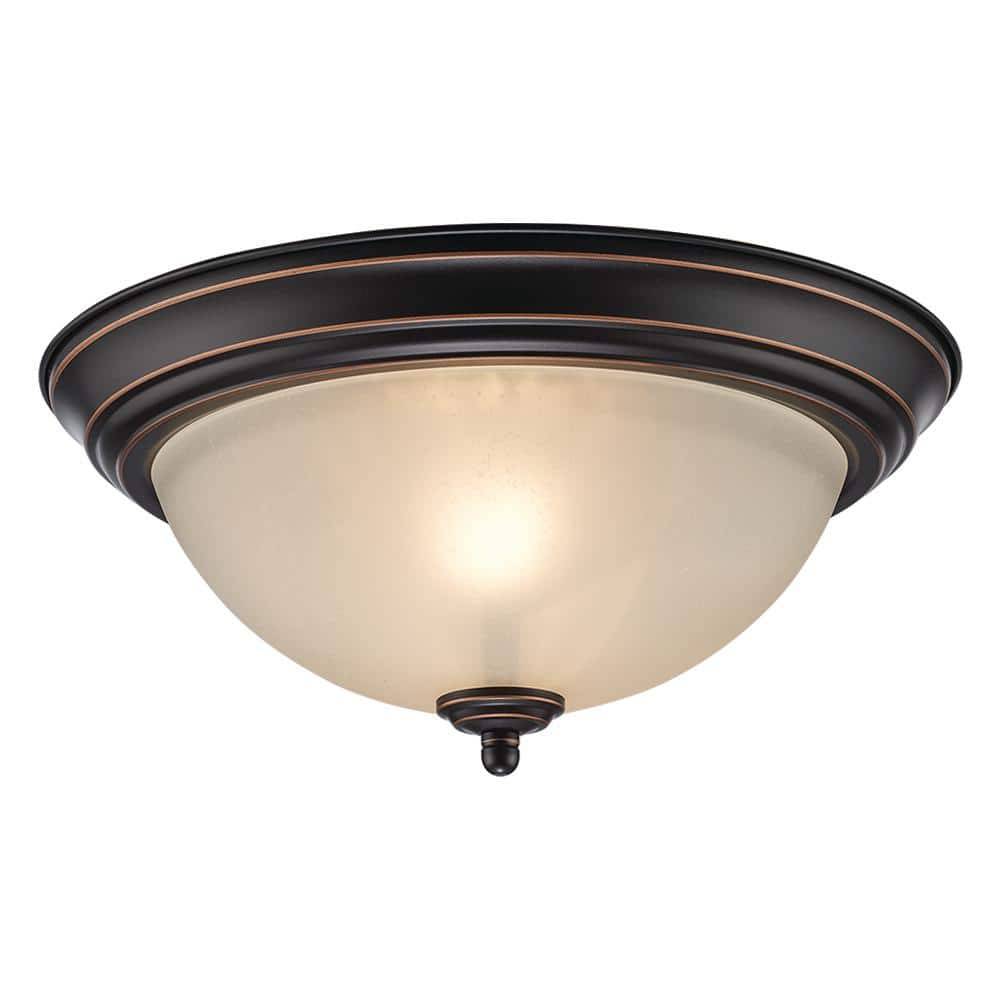 12.75 In 2-Light Oil Rubbed Bronze Flush Mount Ceiling Light Fixture With Tea Stained Glass Shade