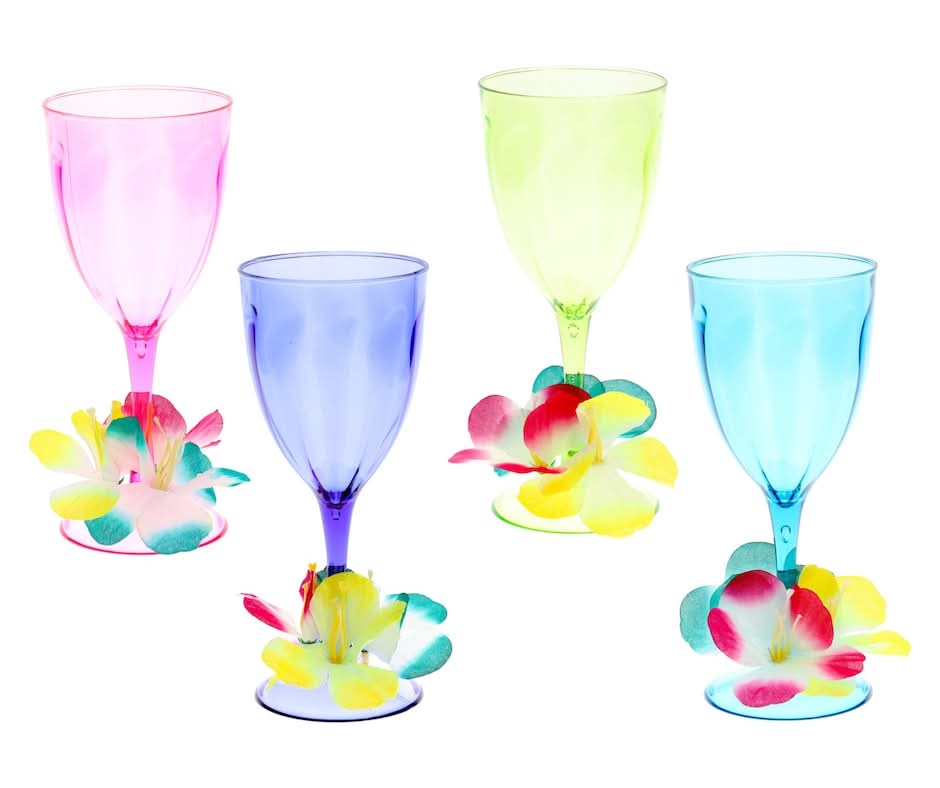 Plastic Luau Wine Goblet With Decorative Flower, Assorted Colors, 1-ct.