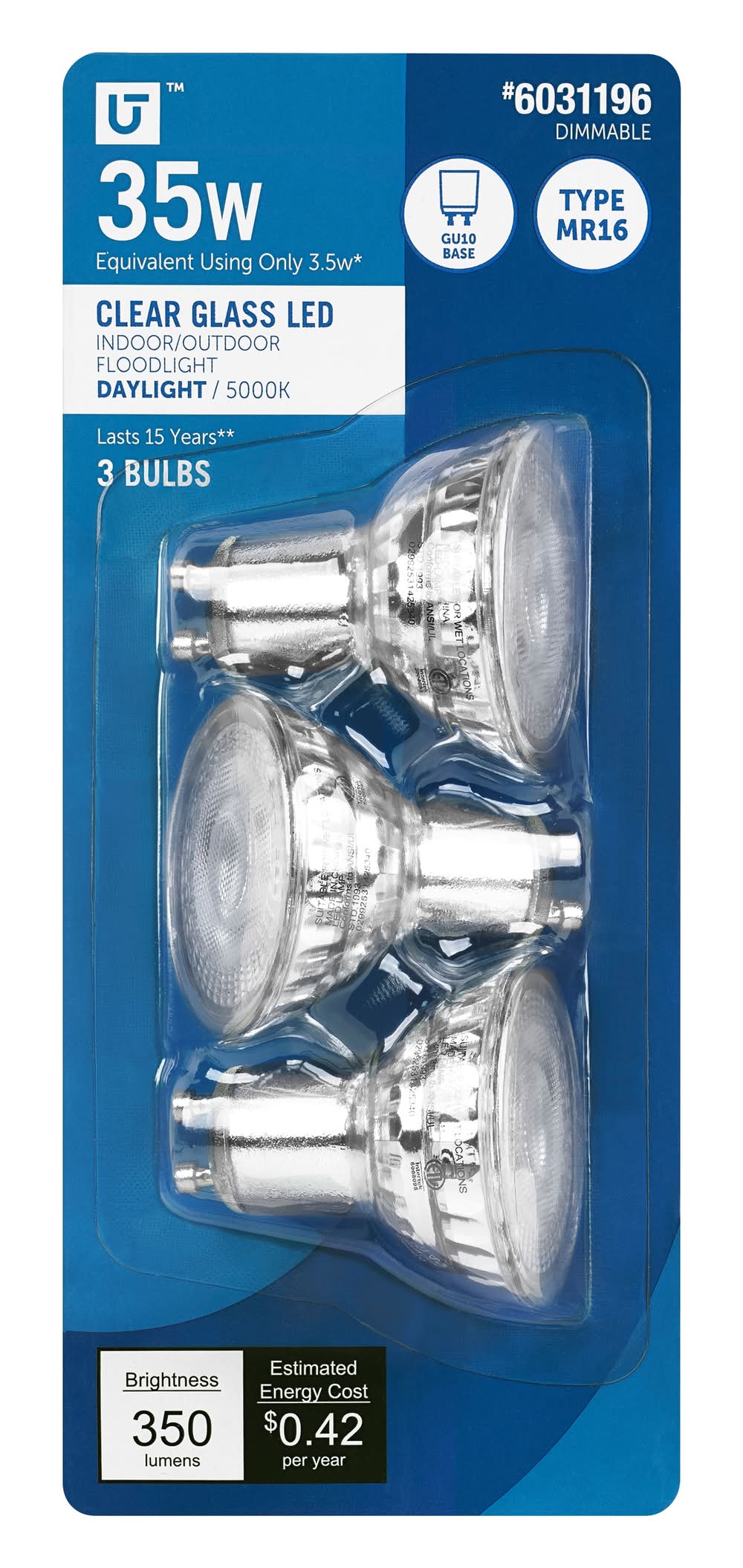 Utilitech 35 -Watt EQ MR16 Daylight Twist lock base GU10 Dimmable LED Spot Flood Light Bulb 3 -Pack