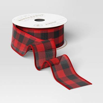 1.5" Plaid Fabric Christmas Ribbon 18' Red/Black - Wondershop™