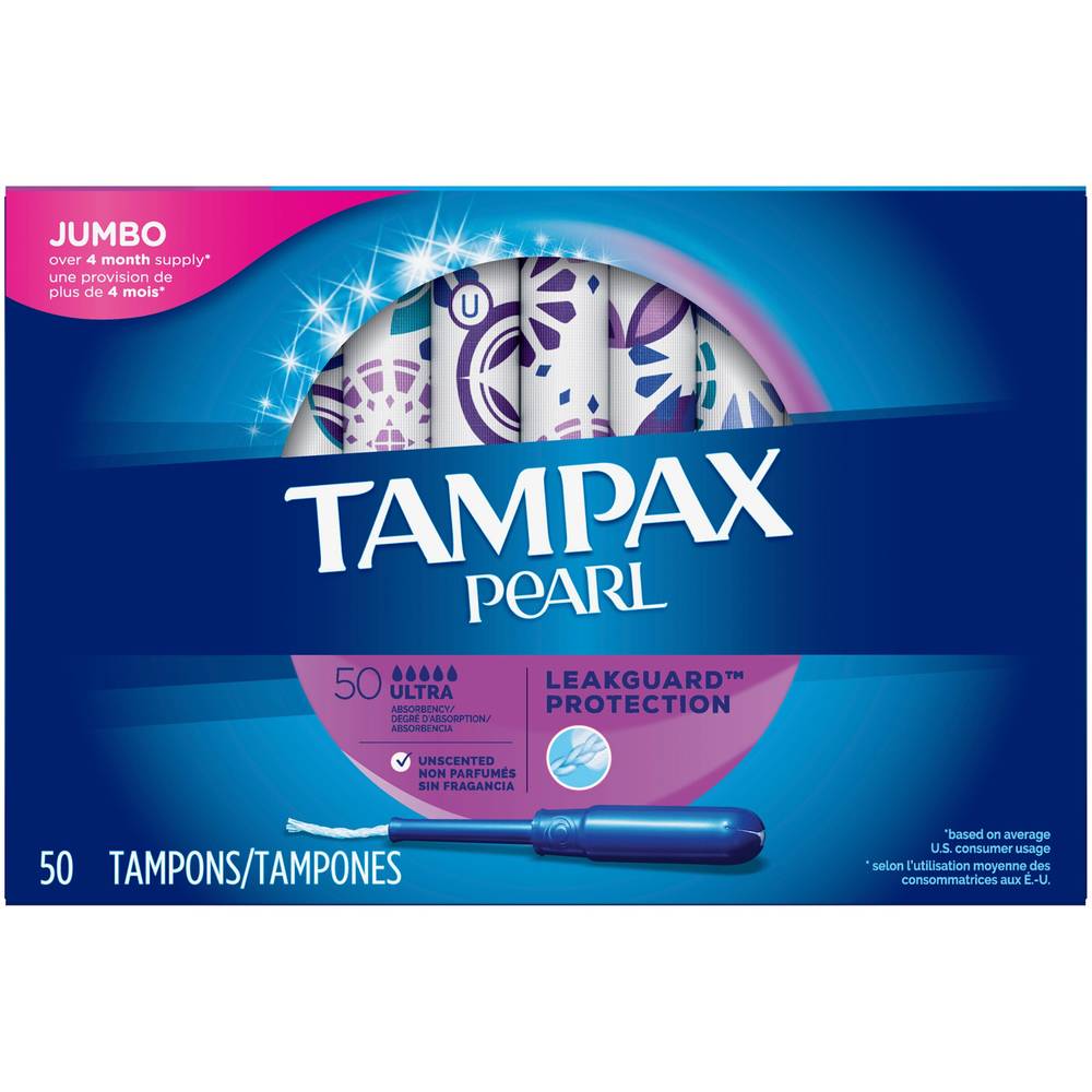 Tampax Pearl, Ultra, Plastic Tampons, Unscented, 50 Count
