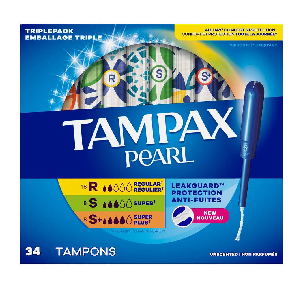 Tampax Pearl Tampons, Regular/Super/Super Plus Absorbency With Leakguard Braid, Triple Pack, Unscented, 34 Count