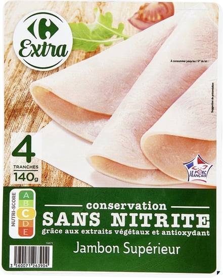 Jambon supérieur sans nitrite CARREFOUR EXTRA - le paquet de 4 tranches - 140g