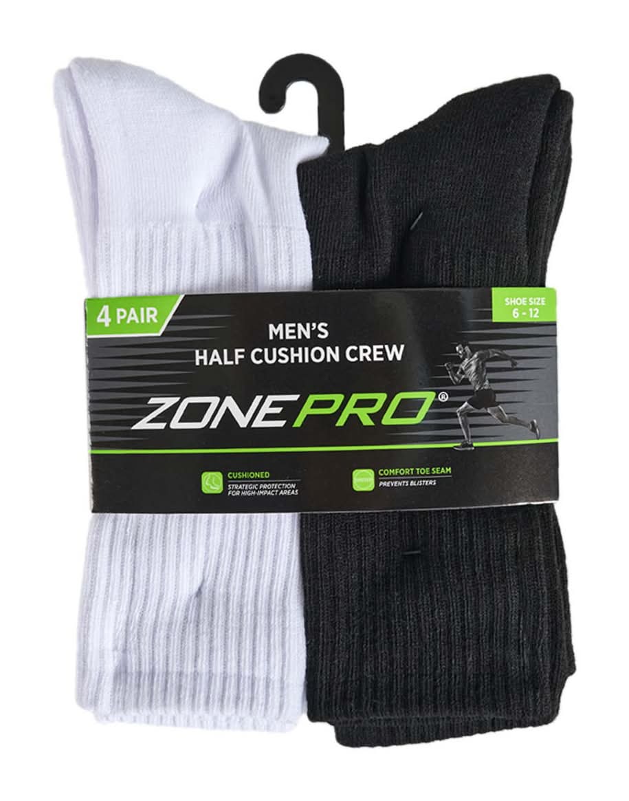 Zone Pro Men?S Half Cushion Assorted Crew Socks Size 6 To 12 4 Pk
