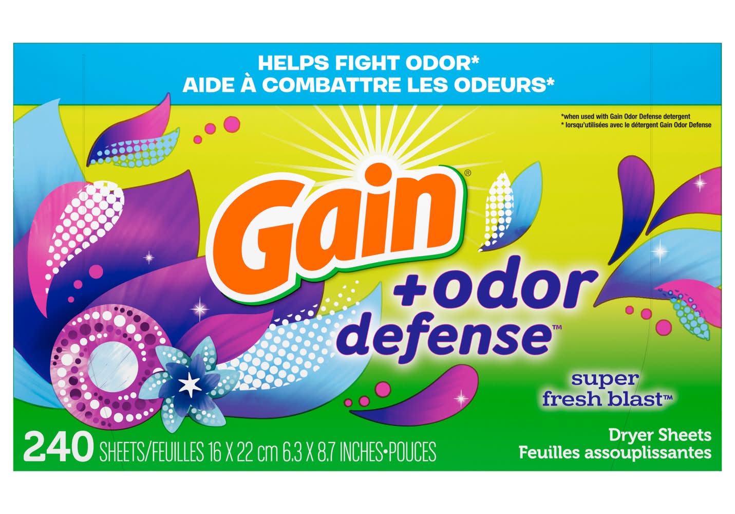 Gain Odor Defense Fabric Softener Dryer Sheets, Super Fresh Blast, 6.3x8.7 in