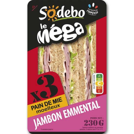 Sandwich Mega Pain Complet Jambon Emmental x3 230g SODEBO