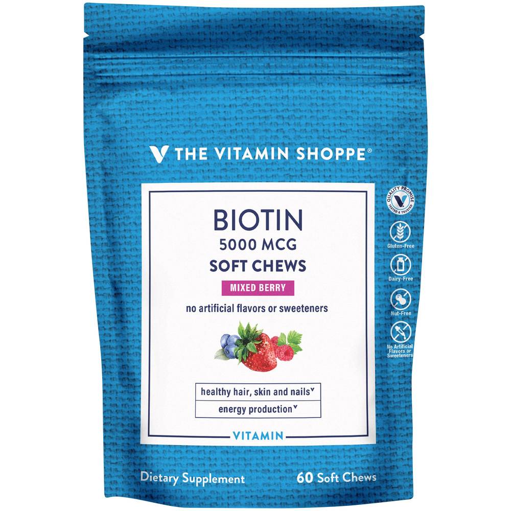 Biotin Soft Chews For Hair, Skin & Nail Support - 5,000Mcg - Mixed Berry (60 Soft Chews)