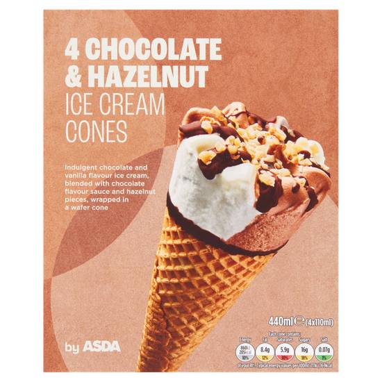 Asda Chocolate & Hazelnut Ice Cream Cones 4 x 110ml (440ml)