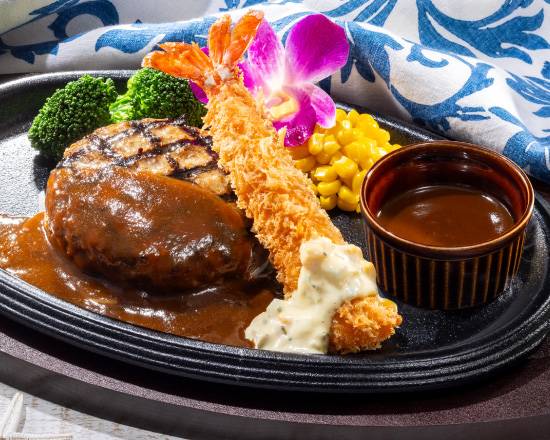 【単品】国産肉厚ハンバーグ デミグラスソース&海老フライ Japanese Meaty Hamburg Steak with Demi-Glace Sauce & Fried Prawn