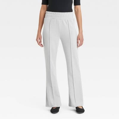 Women's Cozy Wide Leg Flare Pants with Front Seam and Smocked Waistband - A New Day™ Heather White XL: High Rise, Power Stretch, Relaxed Fit