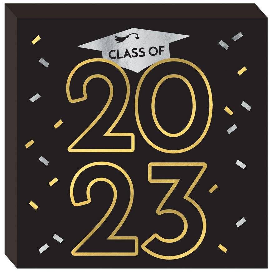 Black, Silver, & Gold Class of 2023 Graduation MDF Table Sign, 11.9in x 7.75in