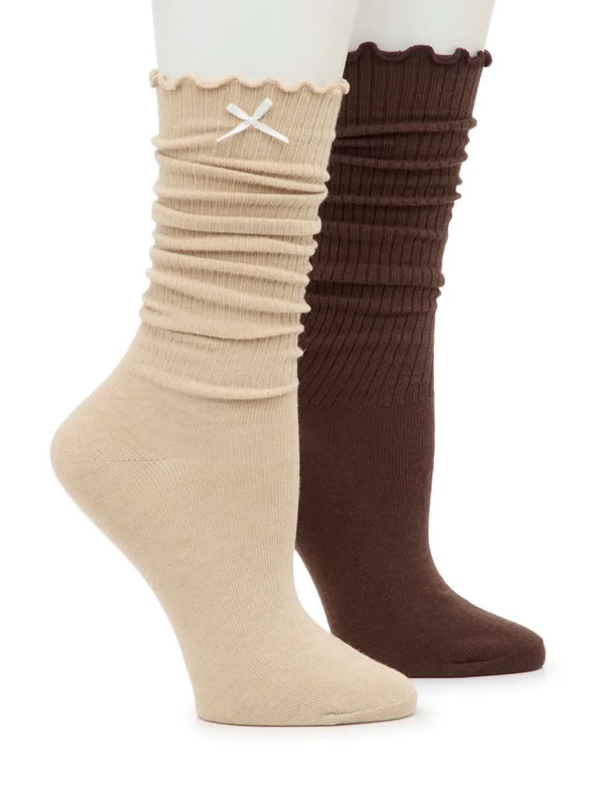 Steve Madden Ribbed Ruffle Slouch Women's Crew Socks - 2 Pack (Taupe One Size)