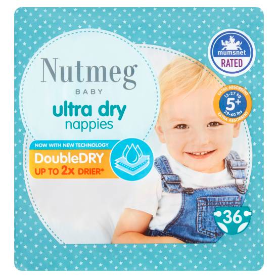 Nutmeg Baby Ultra Dry Size 5+ 13-27kg/29-60lbs Nappies (36 ct)