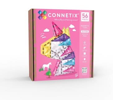 CONNETIX Magnetic Tiles Glitter Unicorn pack 3+ Years, Pink Yellow Teal Purple (56 ct)