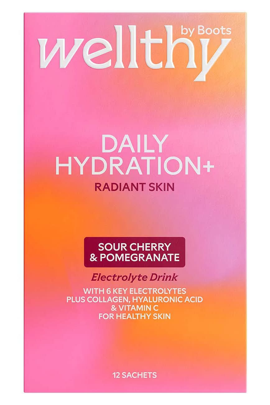 Wellthy by Boots Daily Hydration+ Electrolyte Powder, Sour Cherry & Pomegranate Flavour, Radiant Skin - 12 Sachets