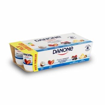 Yogur sabor coco, fresa, frutos del bosque y macedonia Danone sin gluten pack de 8 unidades de 120 g.