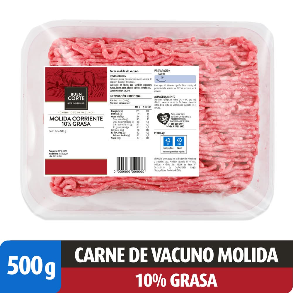 Buen Corte · Carne molida de vacuno 10% grasa (500 g)