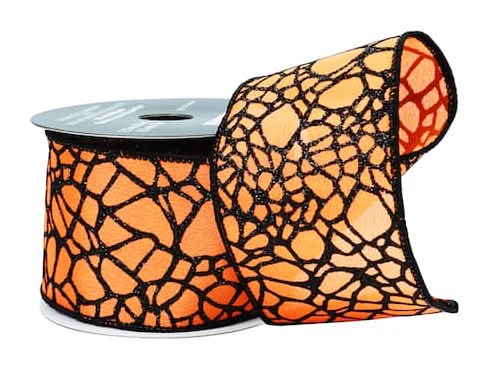 2.5" X 6.6Yd. Orange & Black Glitter Spiderweb Wired Taffeta Ribbon By Celebrate It