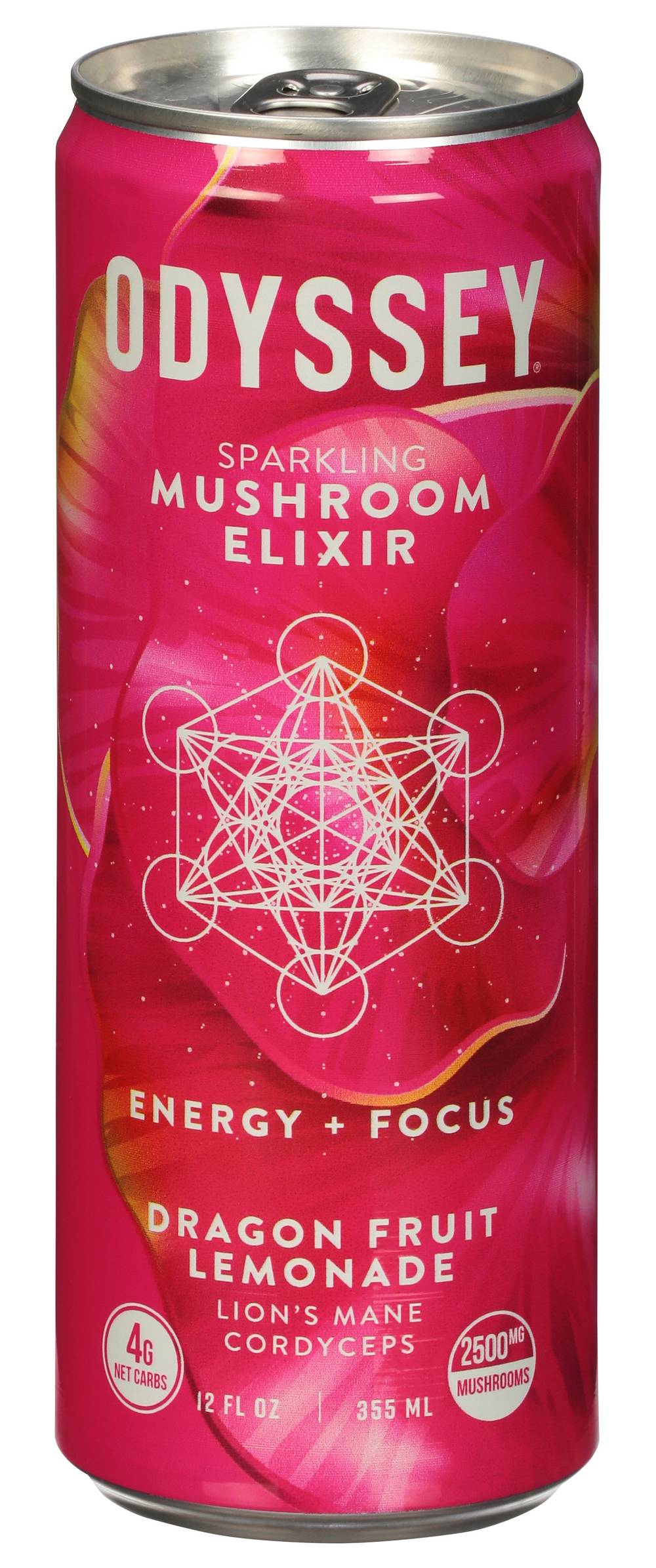 ODYSSEY Sparkling Mushroom Elixir Energy + Focus Drink, Dragon Fruit-Lemonade (12 fl oz)