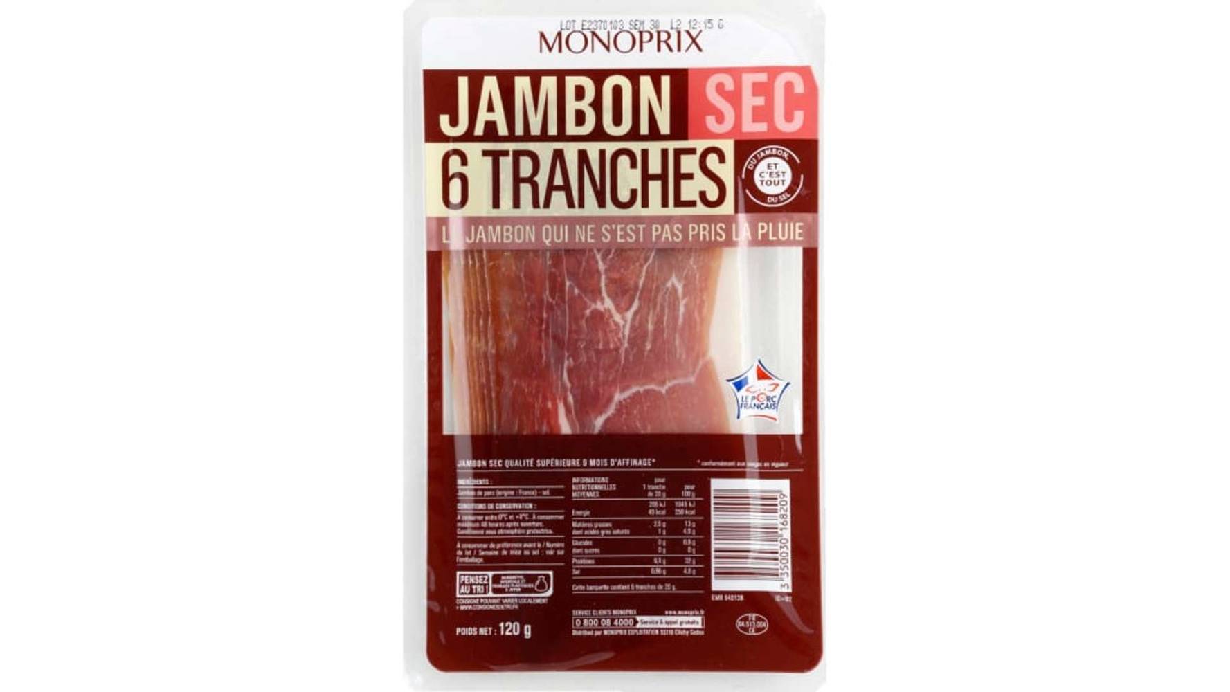 Monoprix Jambon sec La barquette de 6 tranches, 120 g