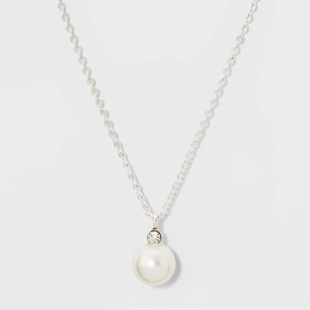 A New Day Pearl & Rhinestone Pendant Necklace, 16 in, Silver