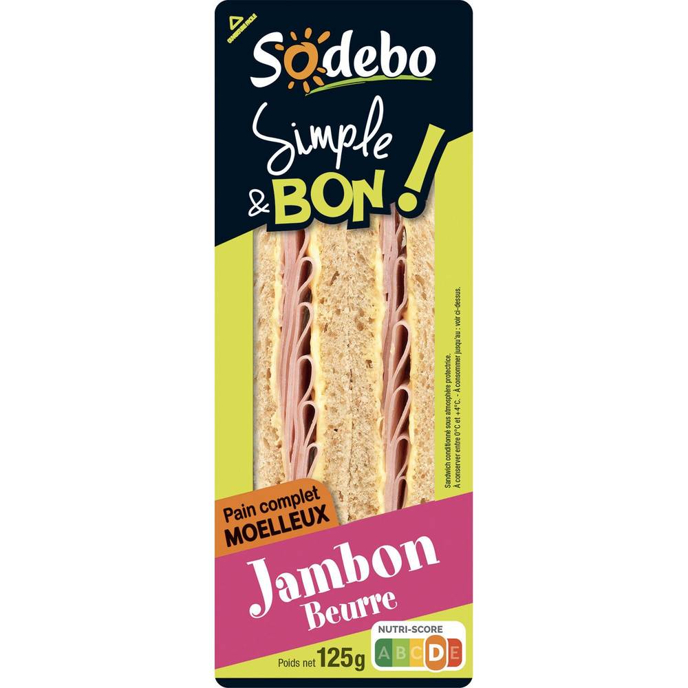 Sandwichs club pain complet jambon beurre SODEBO - 2 clubs triangles - 125 g