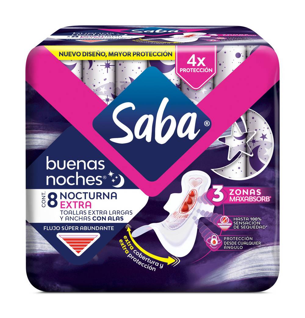 Saba · Buenas noches toallas sanitarias con alas, XL (8 un)