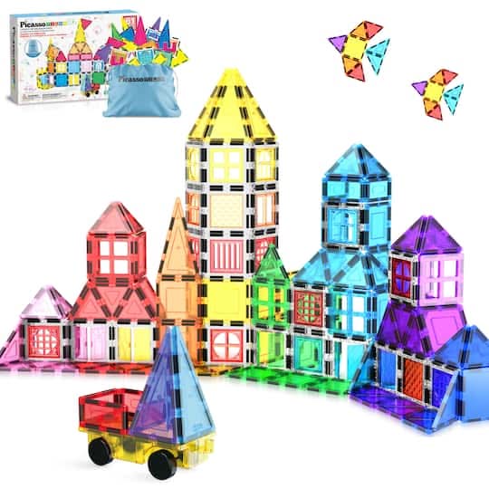 PicassoTiles Magnetic Tile Set With Windows & Doors Construction Toy 3+ Years (61 ct)